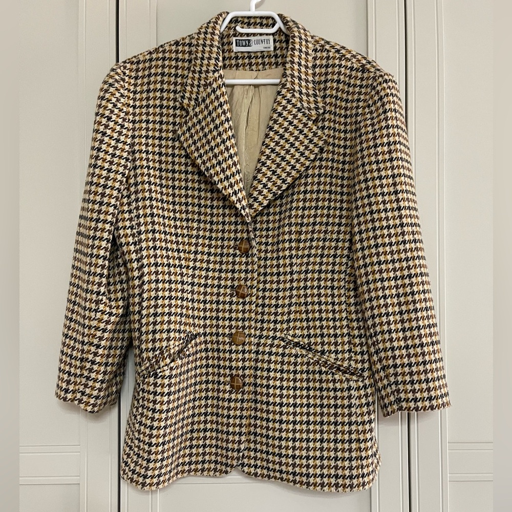 Vintage Houndstooth Blazer - Black, White, Brown